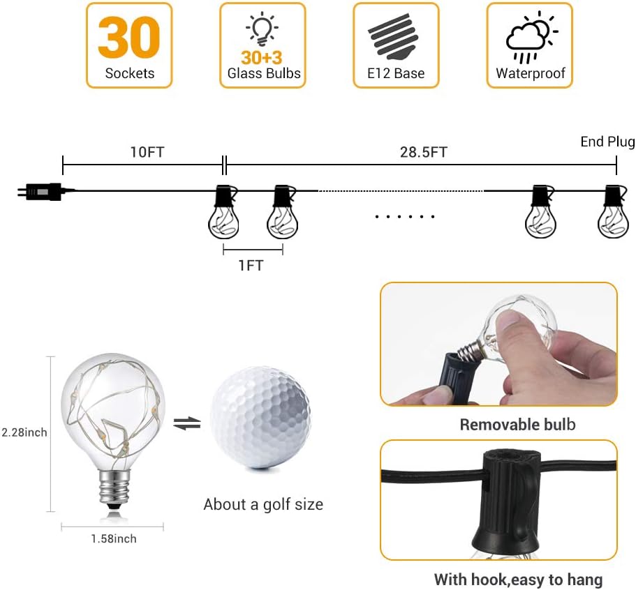 LED Outdoor String Lights - Novtech 38.5FT 30Bulbs G40 Globe String Lights - Waterproof Patio String Lights Outdoor Decorative String Lights for Backyard Bistro Porch Garden Cafe Party - UL Standard - - 