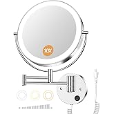 Gospire 9&rdquo; Wall Mounted Lighted 1X/10X Magnifying Mirror with Touch Sensor | 3 Color Lights, Stepless Dimming, Double-Sided LED Bathroom Mirror, Extendable Arm 360&deg; Swivel for Shaving