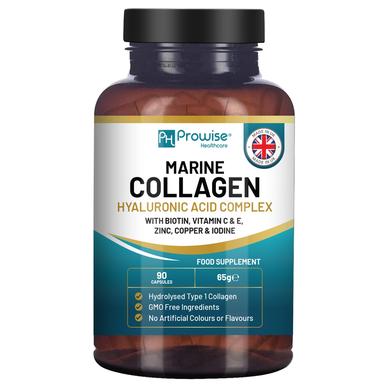 Marine Collagen with Hyaluronic Acid 1100mg | 90 Collagen Capsules High Strength for Women & Men | Vitamins C, E, B2, Biotin, Copper, Zinc & Iodine | Collagen Supplements Made in The UK by Prowise