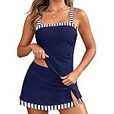 Tempt Me Women Blue and Stripe Tankini Swimsuits with Skirt - Two Piece Swimsuit Tummy Control Bathing Suits 2025 Swimwear 18W