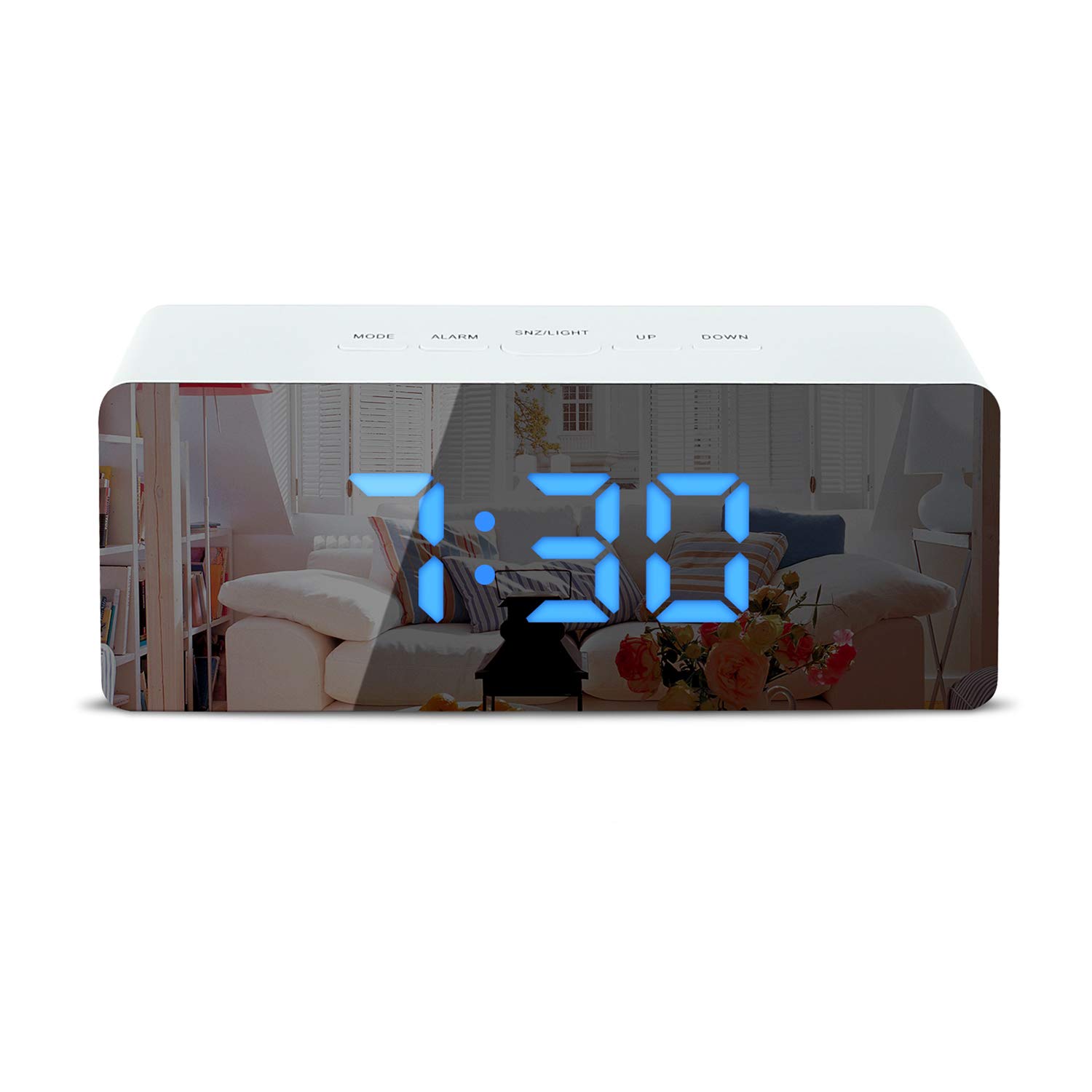 Shayson Digital Alarm Clock, LED Display Clock Best Makeup Bedroom Mirror Travel Alarm Office Bedroom Clock, Dual Alarm With Snooze, Dimmer Control, Support Battery Powered And With Usb Port-Blue