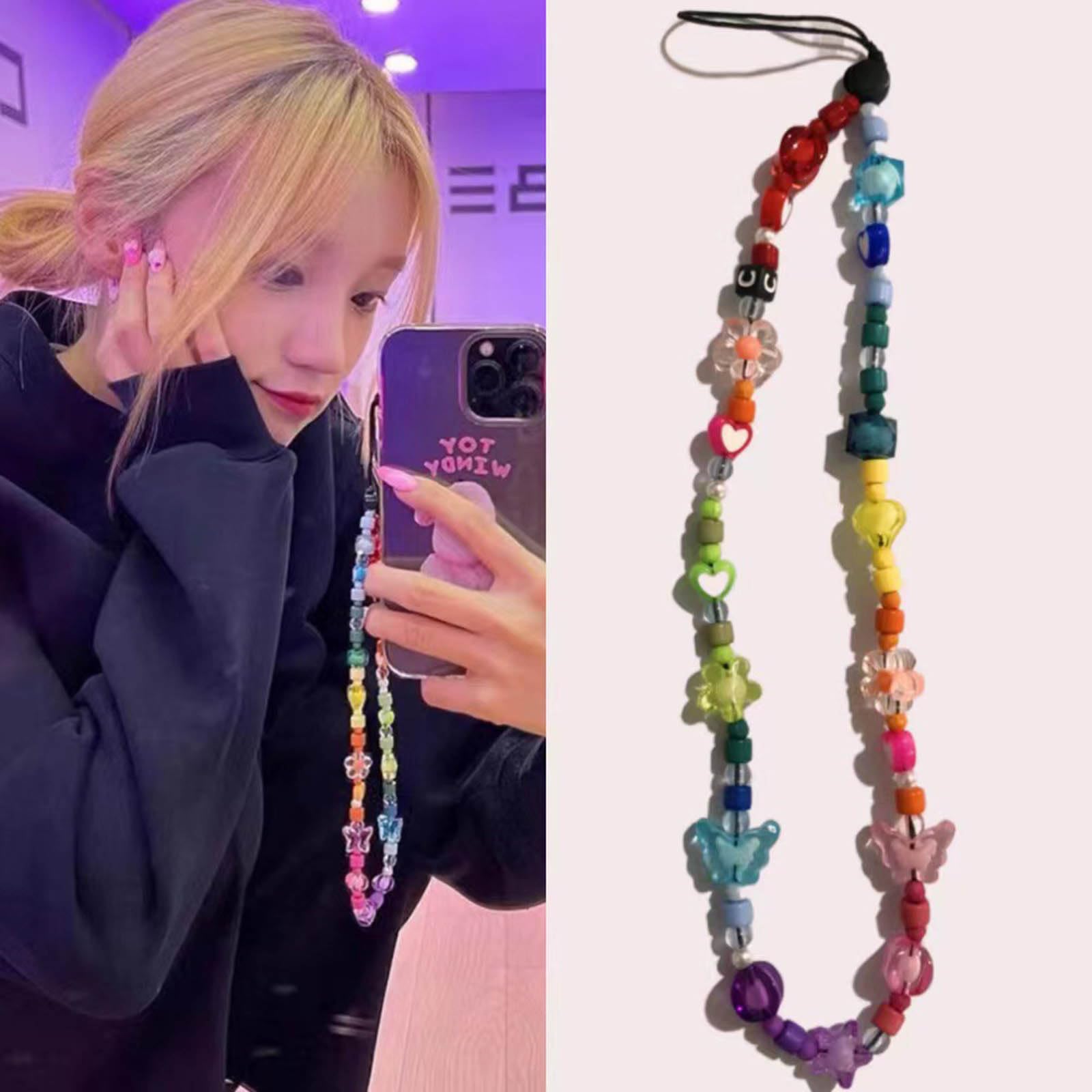 LIANXUE Phone Strap Lanyard With Butterfly Rainbow Beaded Chain for Girls - Acrylic Wrist Strap