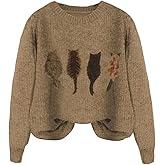 WDIRARA Women's Cat Graphic Sweater Long Sleeve Crew Neck Knit Tops Casual Knitwear