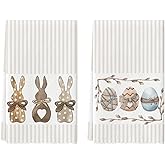 Artoid Mode Stripe Rabbit Bunny Eggs Easter Kitchen Towels Dish Towels, 18x26 Inch Spring Decoration Hand Towels Set of 2