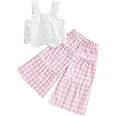 SYOKUP Toddler Baby Girl Outfit Summer Sleeveless Lace Hollow Out Crop Tank Tops Plaid Wide Leg Pants Set 2PCS Clothes