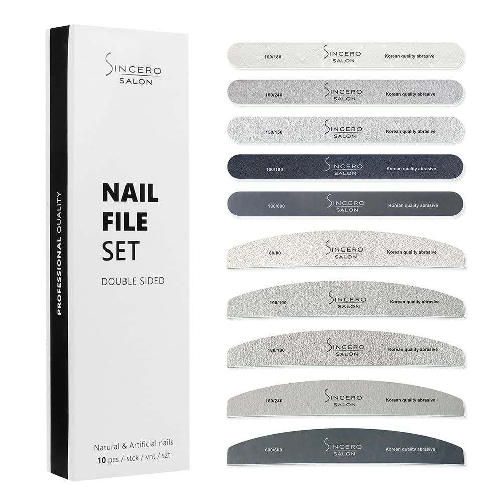 Sincero SALON Nail Files Set for natural and acrylic nails 10 PCS Double Sided I Perfect To Remove Nail Gel I Professional Quality I Extremely Durable and Comfortable