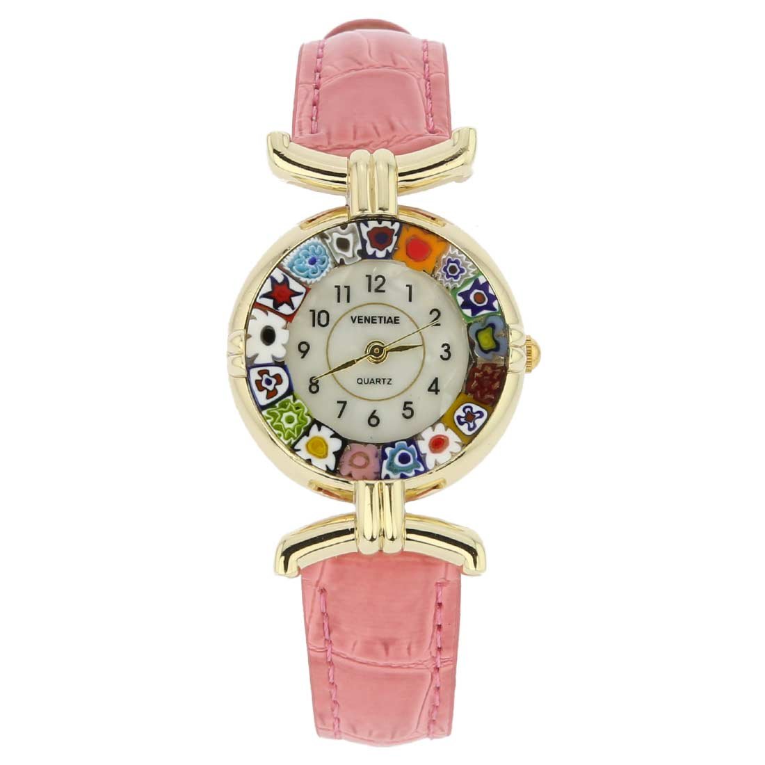 Glass Of Venice Murano Glass Millefiori Watch with Leather Band - Pink Multicolor