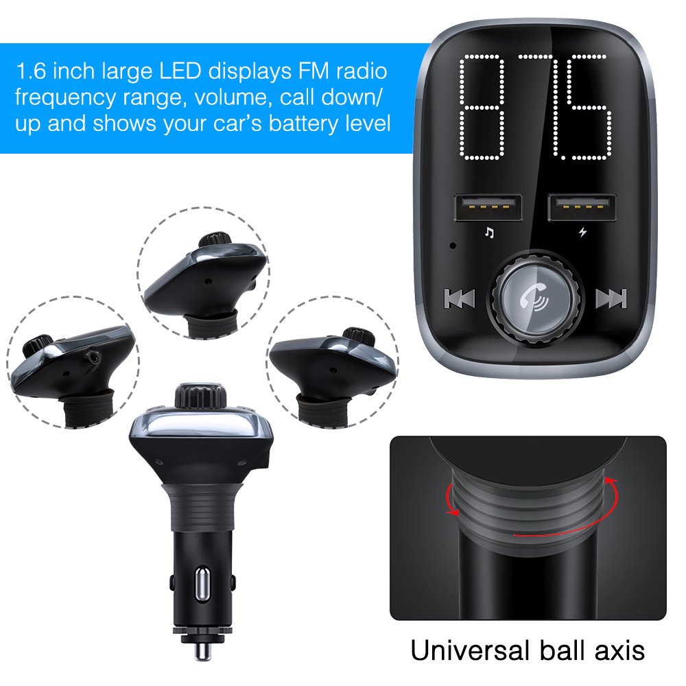 Bluetooth FM Transmitter, BliGli Dual USB Car Charger MP3 Player Handsfree Car Kit Wireless Radio Audio Adapter for iPhoneX / 8 / 7 / 6s / Plus, iPad Pro, Galaxy , Note 5 / 4, LG, Nexus, HTC and More (Black 2)