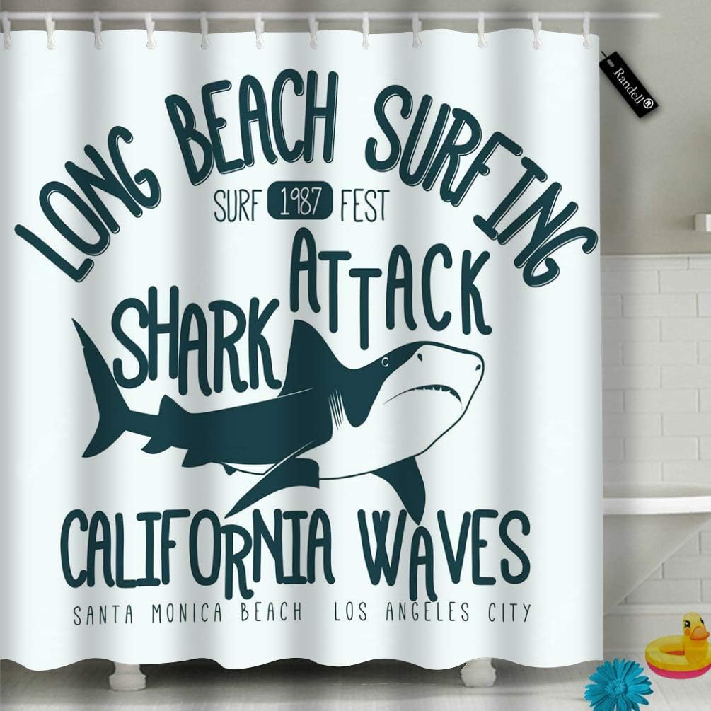 Axtuxdell Bathroom Shower Curtain Surfing Shark Attack Long Beach Surfing Stamp California Polyester Fabric with 12 Hooks 66"x72"inches