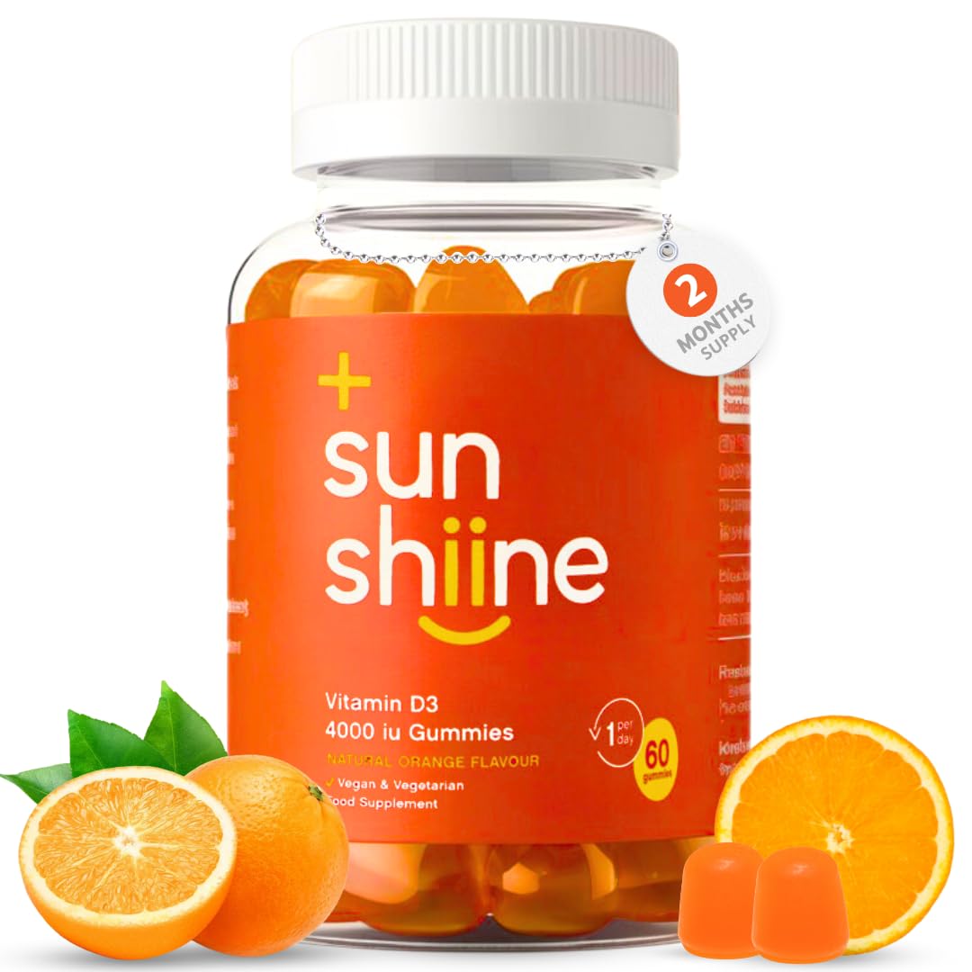 Sunshiine Vegan Vitamin D3 4000 IU Gummies - Vitamin D Important for Immunity & Bones - Vitamin D3 Chewable Gummies 60 Count - Vitamin D Gummies for Adults and Children Above Age 11, Orange Flavour