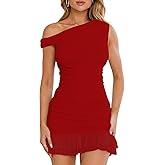 Nsbonu Women Sexy Off Shoulder Mini Dresses Bodycon Ruched Ruffle Hem Club Party Short Dress