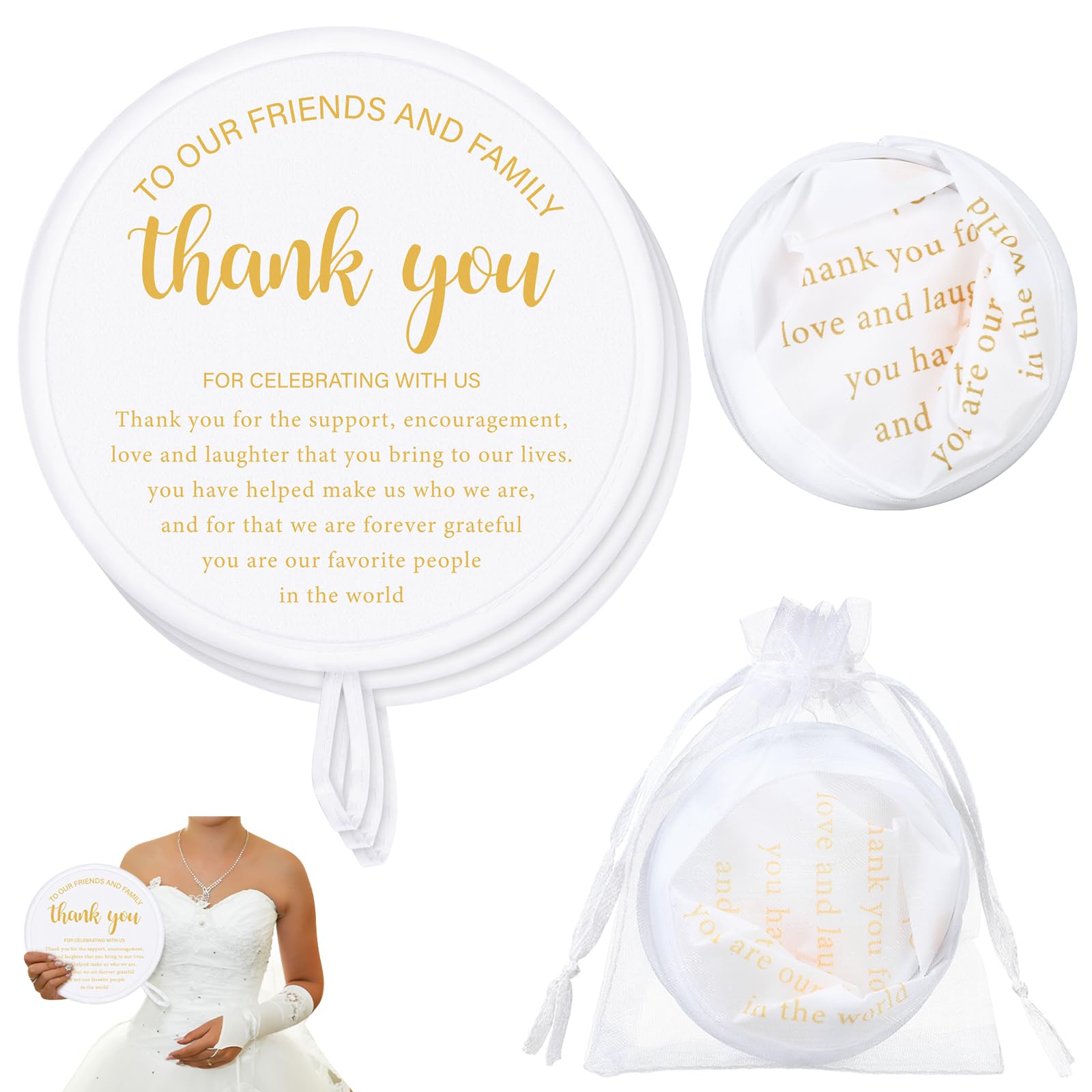 Photo 1 of GlikCeil 200 Pcs Wedding Fans for Guests and Organza Storage Bag Set Sublimation Round Foldable Hand Fans Thank You Celebrating with Us Decorative for Wedding Return Favors Bridal Shower Party