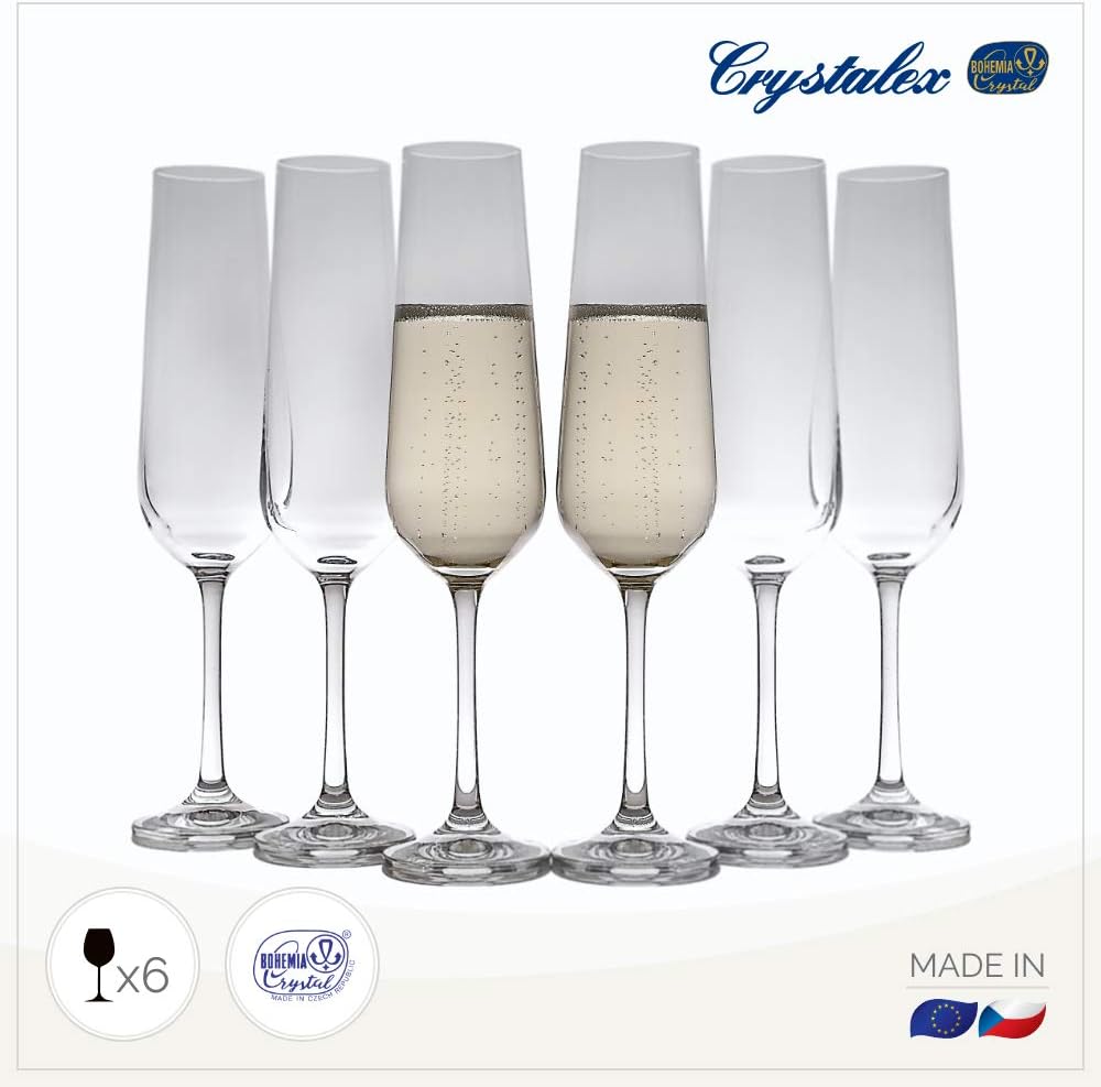 Crystal Champagne Flute Set of 6, Elegant and Clear Rose Stemware, 100