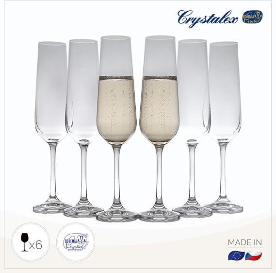 Crystal Champagne Flute Set of 6, Elegant and Clear Rose Stemware, 100