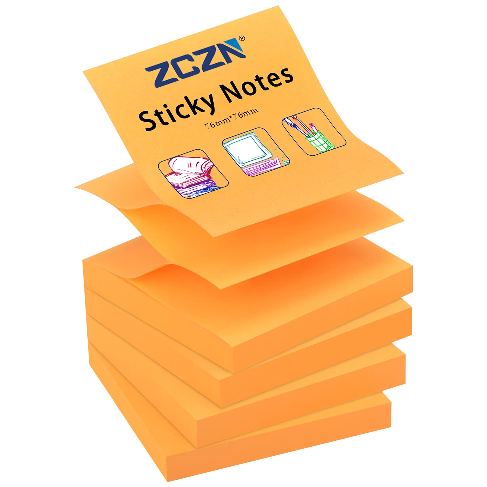ZCZN Pop-up Sticky Notes 76 x 76 mm, 4 Pads Bright Colour Self-Stick Notes, 100 Sheets/Pad, Orange