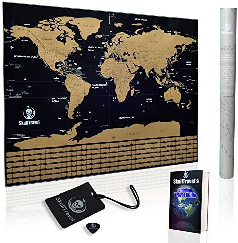 SCRATCH OFF WORLD MAP by SKULL TRAVEL | Poster with US States, Country Flags, Landmarks | Gift For Travelers | Track your Adventures | Educational Tool | Includes Scratcher, Luggage Tag and Ebook