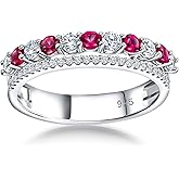 RANDES Women's Half Eternity Band 5mm Thick Double Band Ring Sterling Silver Gemstone Diamond Anniversary Ring Stackable Birthstone Rings Size 6-10 (with Gift Box)
