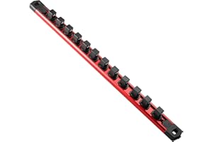 Reniteco Magnetic Socket Organizer, 1-Piece Heavty Duty Aluminum Socket Holder, Socket Rail for Tool Box, Premium Quality 360° Swivel Socket Rack with 12 Clips for 1/2-Inch(Red)