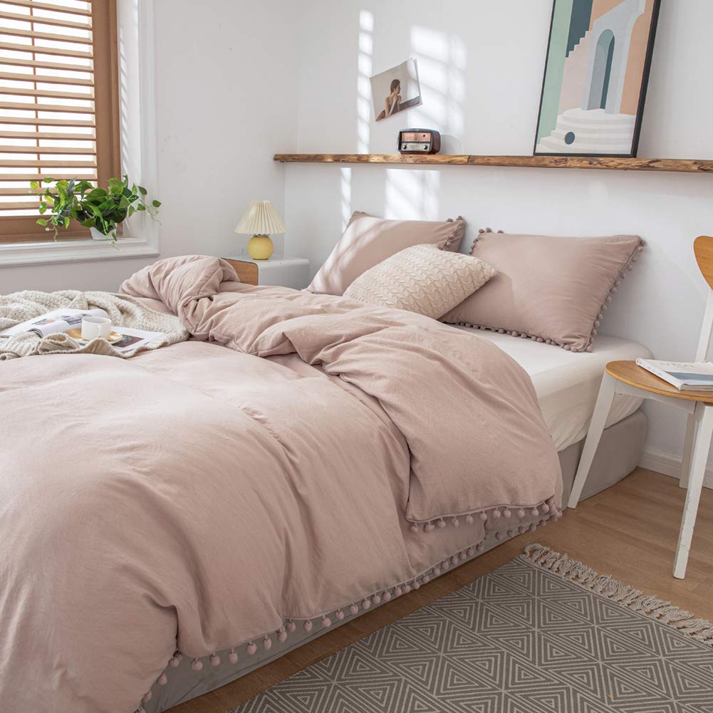 Herside Solid Color Duvet Cover Set Single Taupe Bedding Farmhouse Ball Fringe Design Soft Shabby Chic Bedding Sets with 1 Pillowcase (Z-Taupe, Single)