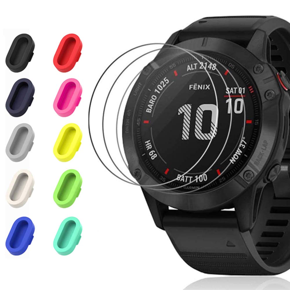 Miimall Tempered Glass Screen Protector for Garmin Fenix 6X / 6X Pro + Silicone Dust Plug, HD Clear Anti-Scratch 9H Hardness Tempered Glass Screen Film for Garmin Fenix 6X/Fenix 6X Pro