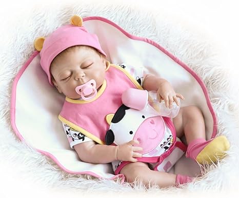KKmoon 22inch 55cm Reborn Baby Doll Girl Full Silicone Sleeping Doll Baby Bath Toy with Clothes Lifelike Cute Gifts Toy Pink Cow