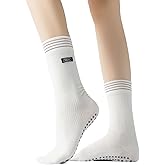 Yoga Pilates Socks with Non-Slip Grips Academic Style Striped Cushioned Crew Socks for Barre Ballet Dance