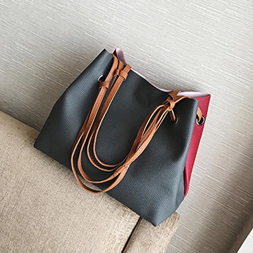 Women Leather Litchi Stria Handbag Bucket Bag Shoulder Bag+Messenger Bag (42cm(L)18cm(W)30cm(H), Dark Gray)