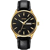 SKMEI Watches for Men Black Leather Fashion Business Dress Classic Casual Simple Analog Waterproof Elegant Dad Fathers Gifts Gold Wrist Watch