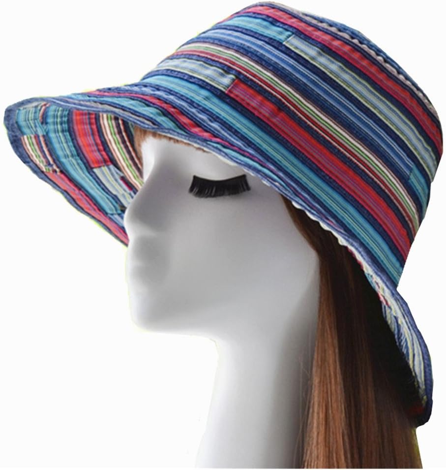 Avant Boutique- “Calif Rainbow” Women’s Sun Hats Color Stripes Ribbons Casual Hat Narrow Brim Bucket Hats, Rich Color Options for Beach Pool Gardening fishing Outdoor (Dark Blue Tone)