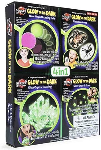 Glow in the Dark 4in1 Super Science Kit Includes: Glow Magic Bouncing Balls Kit - Glow Creatures Kit - Crystal Growing Kit- Glow Stars and Snow Kit