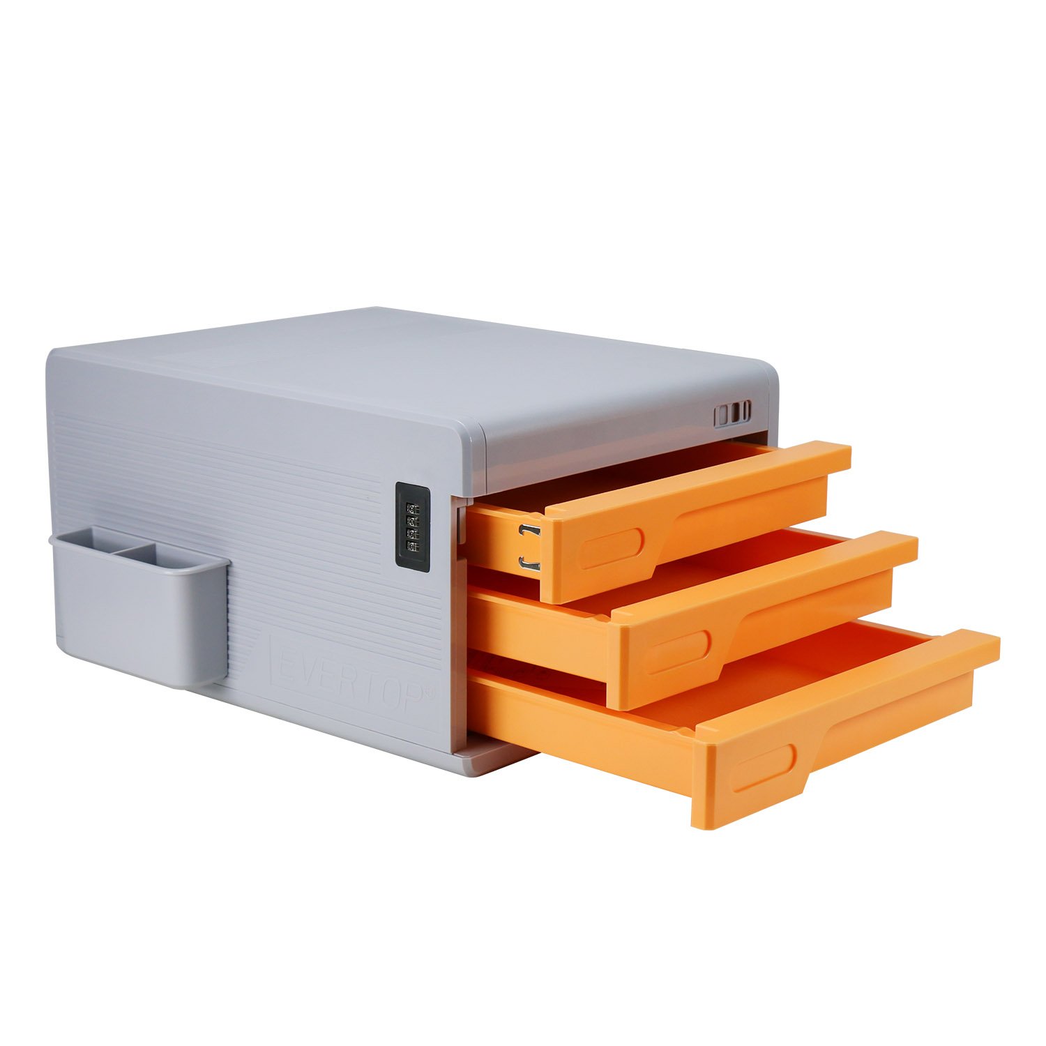 La Boîtes à fichier,Evertop Organiseur de bureau avec serrure à combinaison fichier armoire Fournitures de bureau Boîte de rangement de bureau avec rangement latéral (3 Tiroirs Orange)