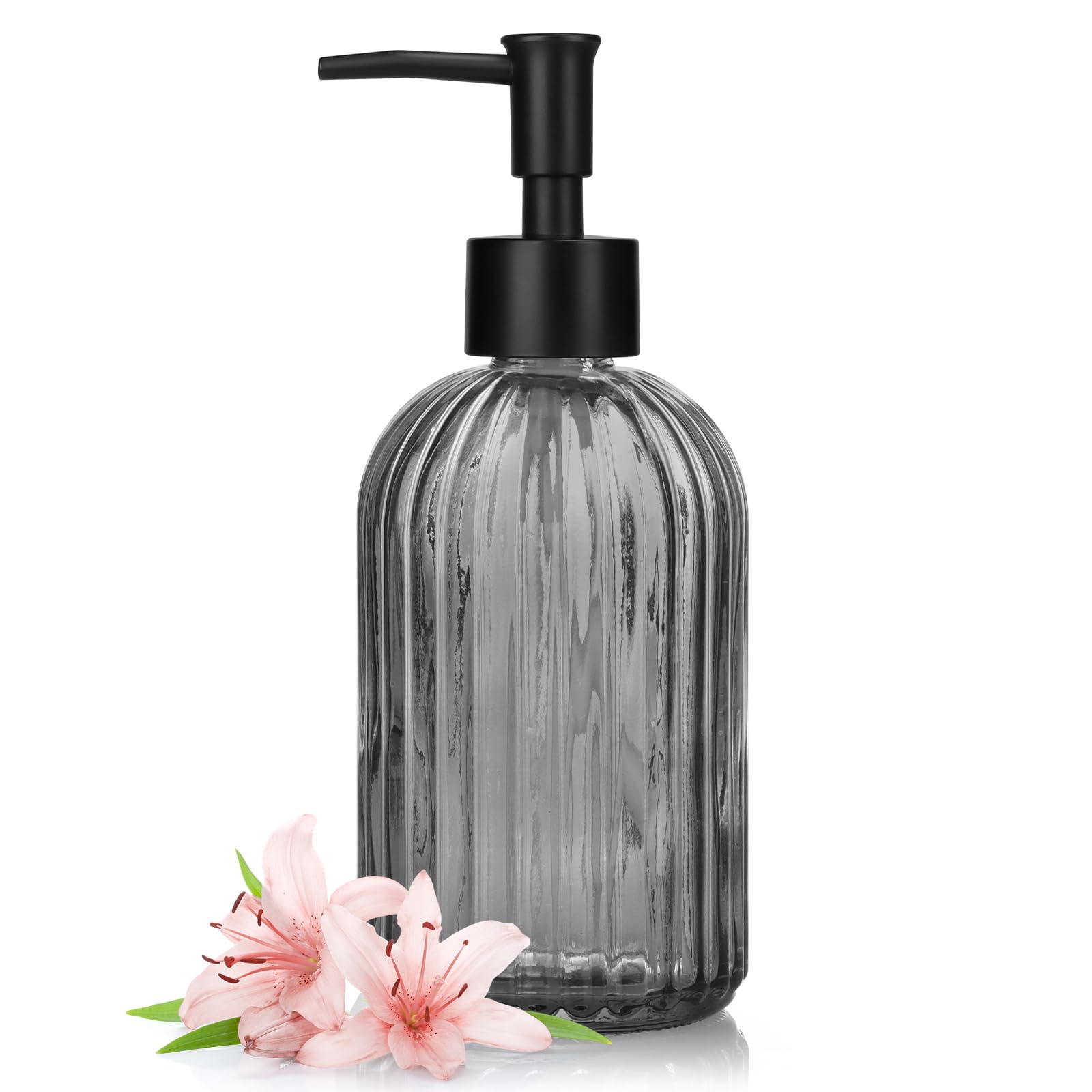 Photo 1 of 1 Pack 13.5oz Glass Soap Dispenser with Plastic Pump, Vertical Stripe Design Refillable Hand Soap Dispenser for Hand Wash, Bathroom and Kitchen