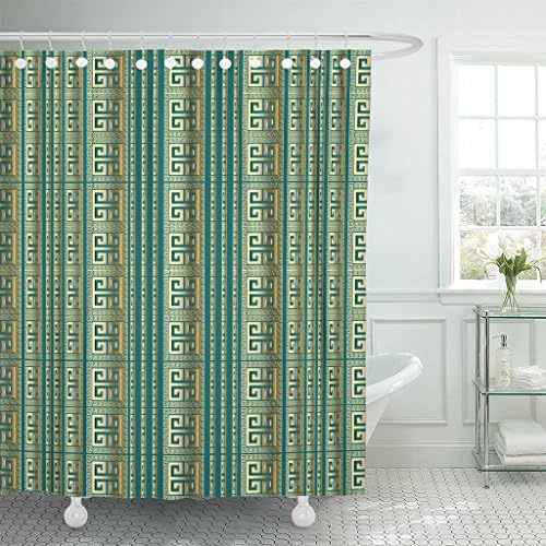 MAYTEC Shower Curtain Gold Greek Key Striped Turquoise Geometric with Ancient Vertical Golden 3D Stripe Ornaments Vintage Royal Waterproof Polyester Fabric 72 x 72 inches Set with Hooks