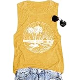 Summer Beach Tank Tops for Women Funny Cute Sunshine Coconut Tree Graphic Tee Shirt Hawaiian Family Vacation Tops