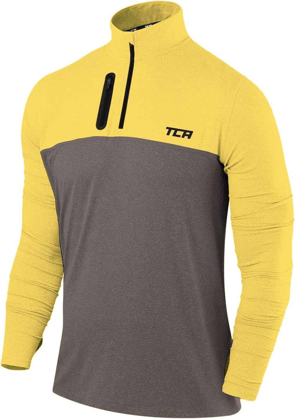 TCA Fusion Long Sleeve Running Top Men 1/4 Zip Castlerock Grey Sonic Yellow M