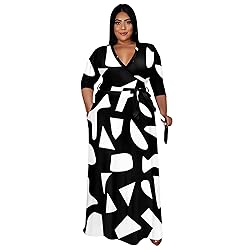 Runwind Plus Size Dress for Women 3/4 Sleeve V Neck