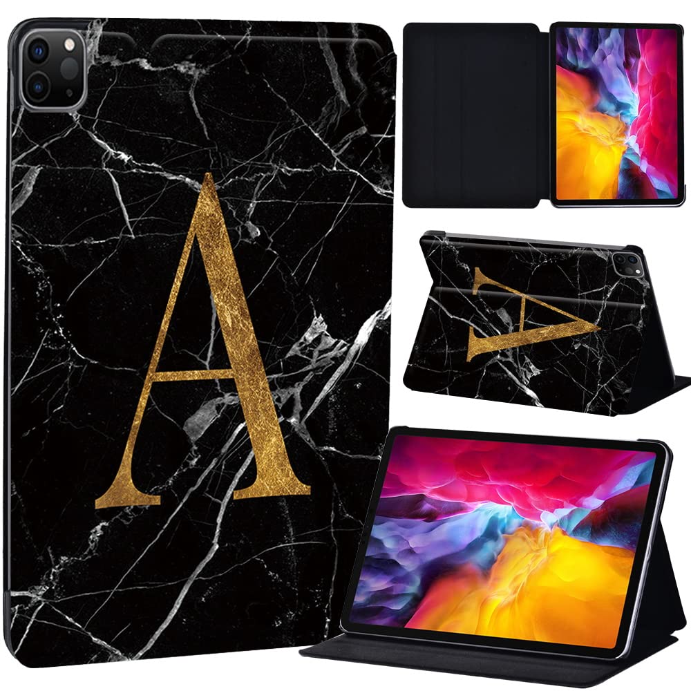 PU Leather + hard shell Ultra slim lightweight Folio Flip Tablet Stand Smart Cover Case Fit iPad Air 4 10.9" (2020) / iPad Pro 11" (2018 2020 2021) (letter A on black marble)