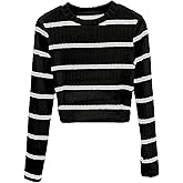 RoseSeek Women's Striped Ribbed Knit T Shirts Crew Neck Long Sleeve Crop Tops Fall Tops