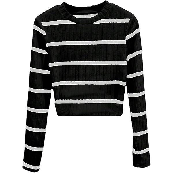 Long Sleeve T Shirt Women Wide Striped Tee Crew Neck Black White