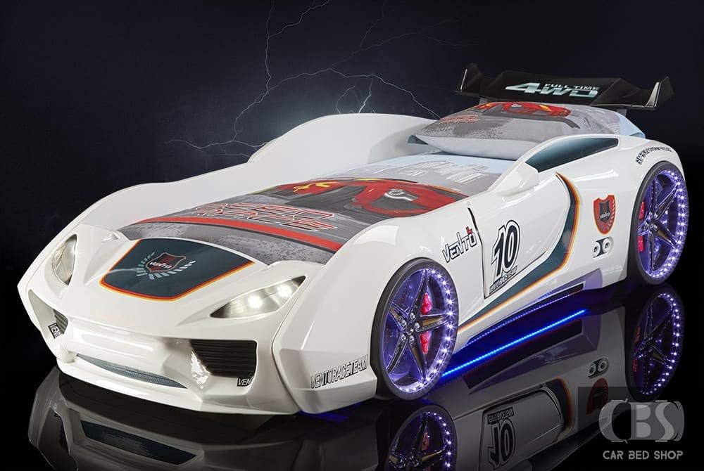 3ft Children's White V12 TURBO Race Car Bed With Lights & Sound