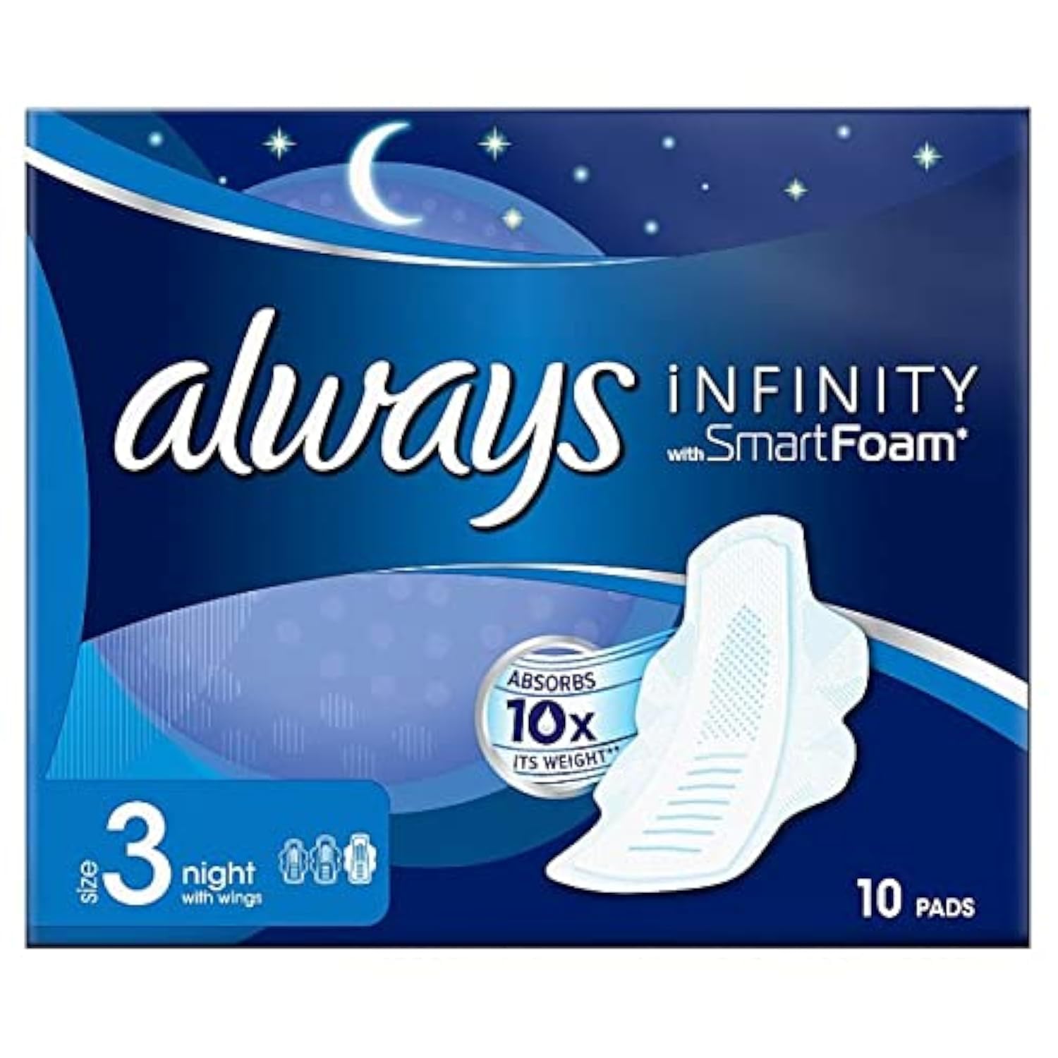 Always Infinity FlexProtect Pads Night (Size 3) Wings, Unscented, 6X 10 Sanitary Towels, Up to Zero Feel, Up to Zero Leaks, Thin and Flexible Protection, Always' Softest Toplayer
