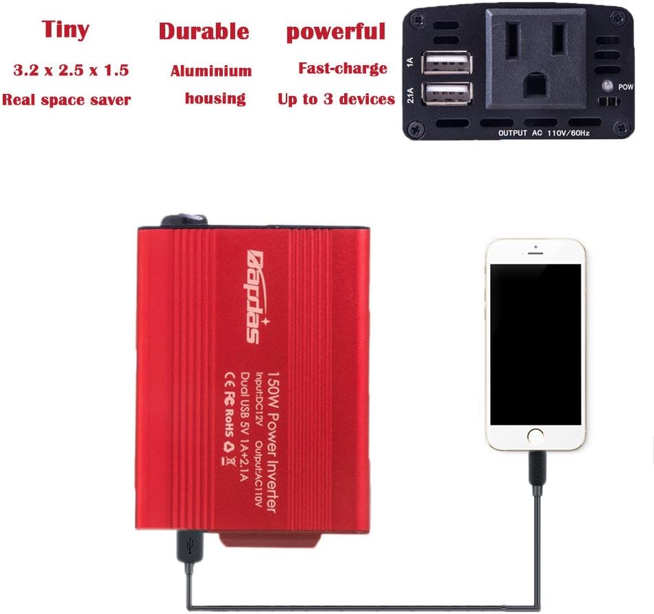 Bapdas 150W Car Power Inverter DC 12V to 110V AC Car Converter with 3.1A Dual USB Car Adapter-Red