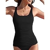 Women's Tankini Top Swimwear Top Only Tummy Control Bathing Suit Top Modest Swim Tank Tops with Built in Bra No Bottom Sporty Full Coverage Swimsuits Black