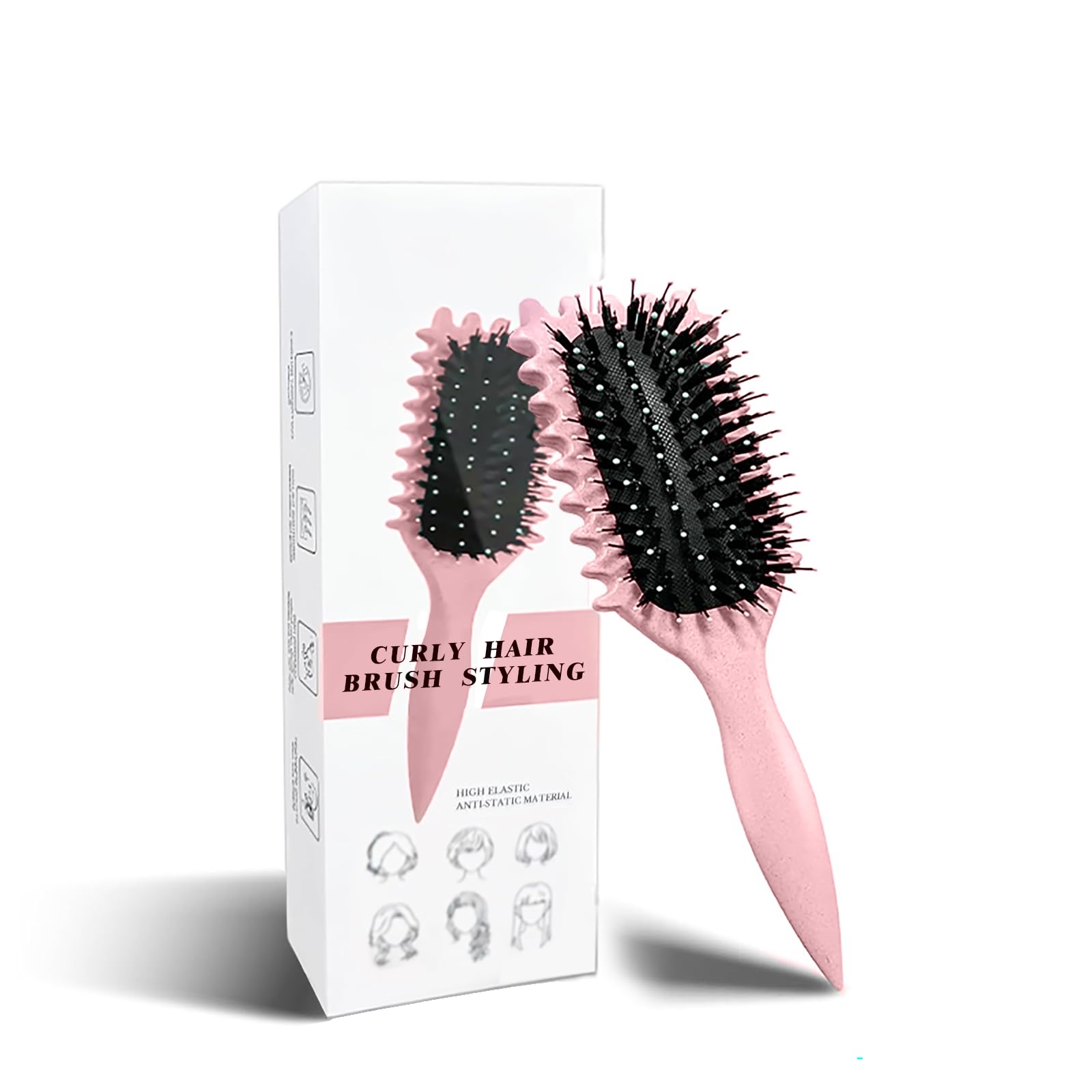 Curl Brush - Define Styling Brush with Prongs, for Combing and Shaping Men's and Women's Curls to Reduce Pulling and Curl Separation (Pink, 24cm)
