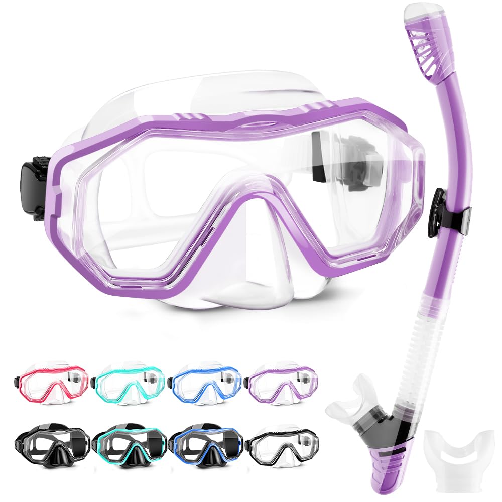 HINATAA Dry Snorkel Set, Multi-Colors 180° View Anti-Fog Diving Goggle and Silicone Anti-Leak Dry Snorkel Tube, Profession Snorkeling Gear, Easy Breath Snorkel Mask for Adult and Teenagers (Purple)