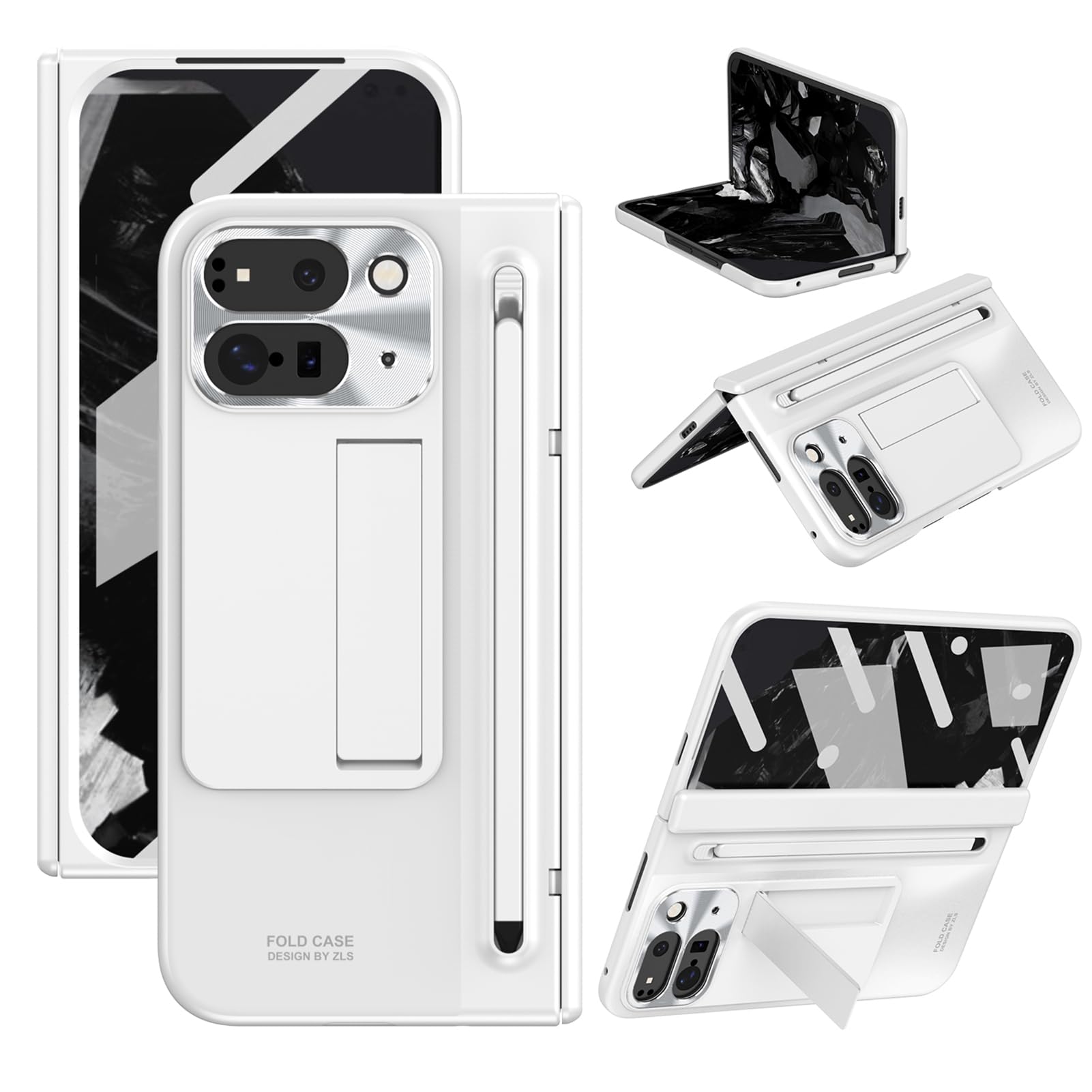 Miimall for Google Pixel 9 Pro Fold Case with S Pen, [Hinge Protection] [Built-in Screen Protector] [Kickstand], Hard PC Slim Anti-Drop All-Inclusive Protective Cover for Pixel 9 Pro Fold-White
