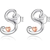 CELESTIA 925 Sterling Silver Initial Earrings 26 Letter with Rose Gold Heart Earrings Studs