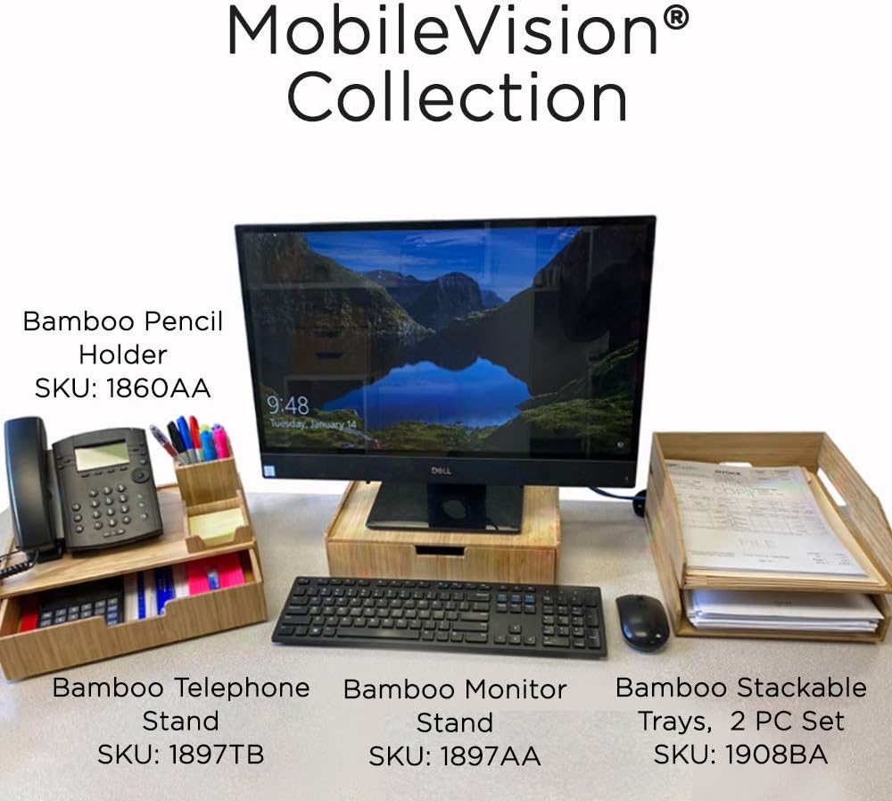 Bamboo Telephone Stand with Drawer Stackable Storage Solution for Office Products Pens, Pencils, Scissors, Notepads, Business Cards and More : Office Products