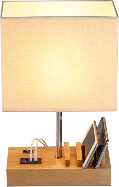 Briever USB Bedside Table Lamp with 3 USB Ports and Dock, Wood Base