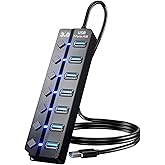 PANPEO 7-Port USB 3.0 Hub On/Off Switches 4ft for Laptop PC | 7-port USB 3.0 hub, Individual on/off switches with LEDs, 5Gbps transfer, 4ft cable, For laptop/PC/PS4/PS5/HDD, Plug and play